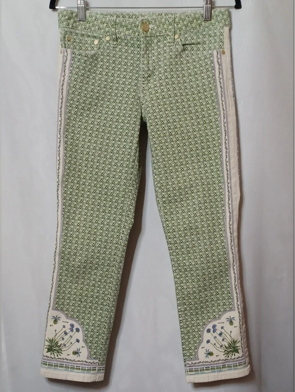 Tory Burch Botanical Light Green MIA Slim Boot Cut Denim Jeans. Size 28